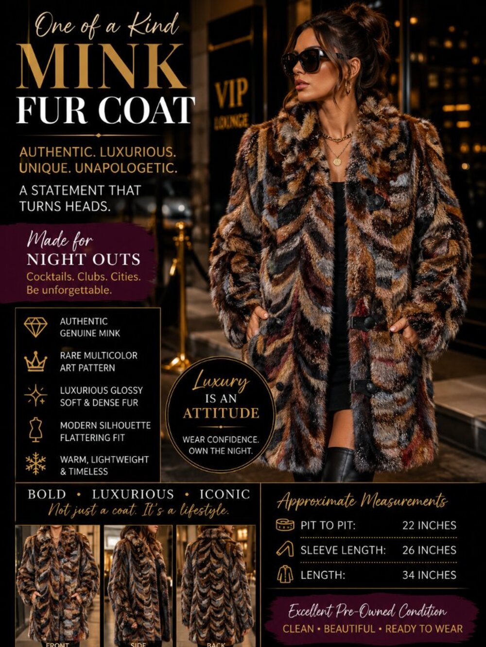 Rare Multicolor Genuine Mink Fur Coat Women's L 34" Luxury Statement